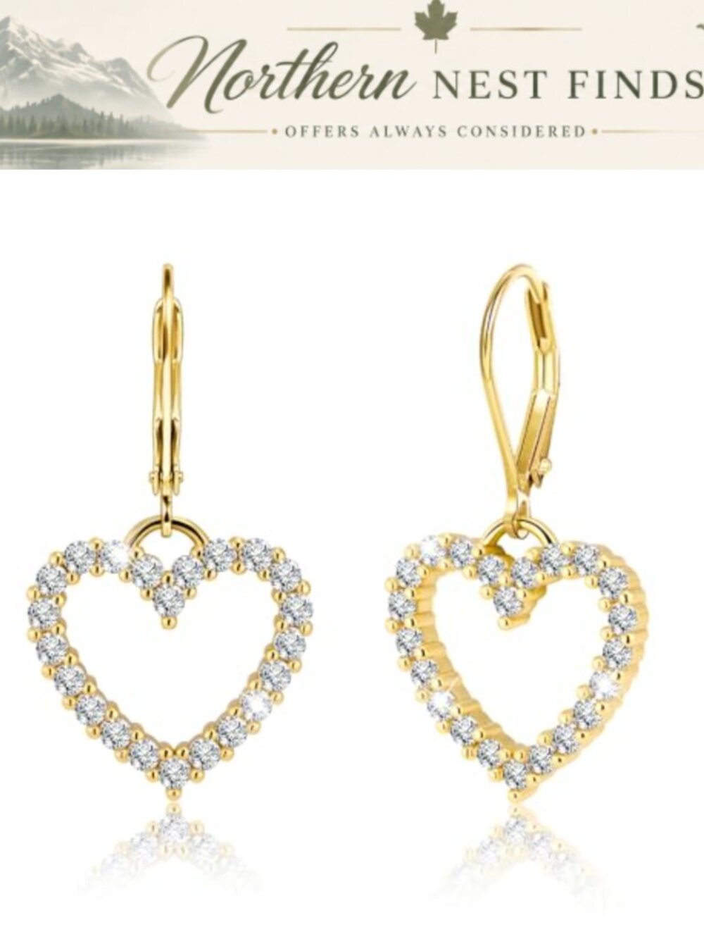 925 Sterling Silver 14K Gold Plated Heart Dangle Earrings Cubic Zirconia